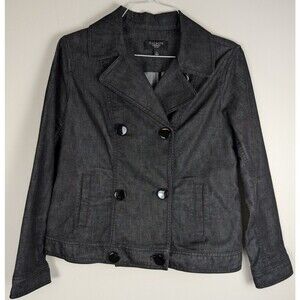Talbots Womens Denim Jean Jacket Classic Double Breasted Short Size 14P Black